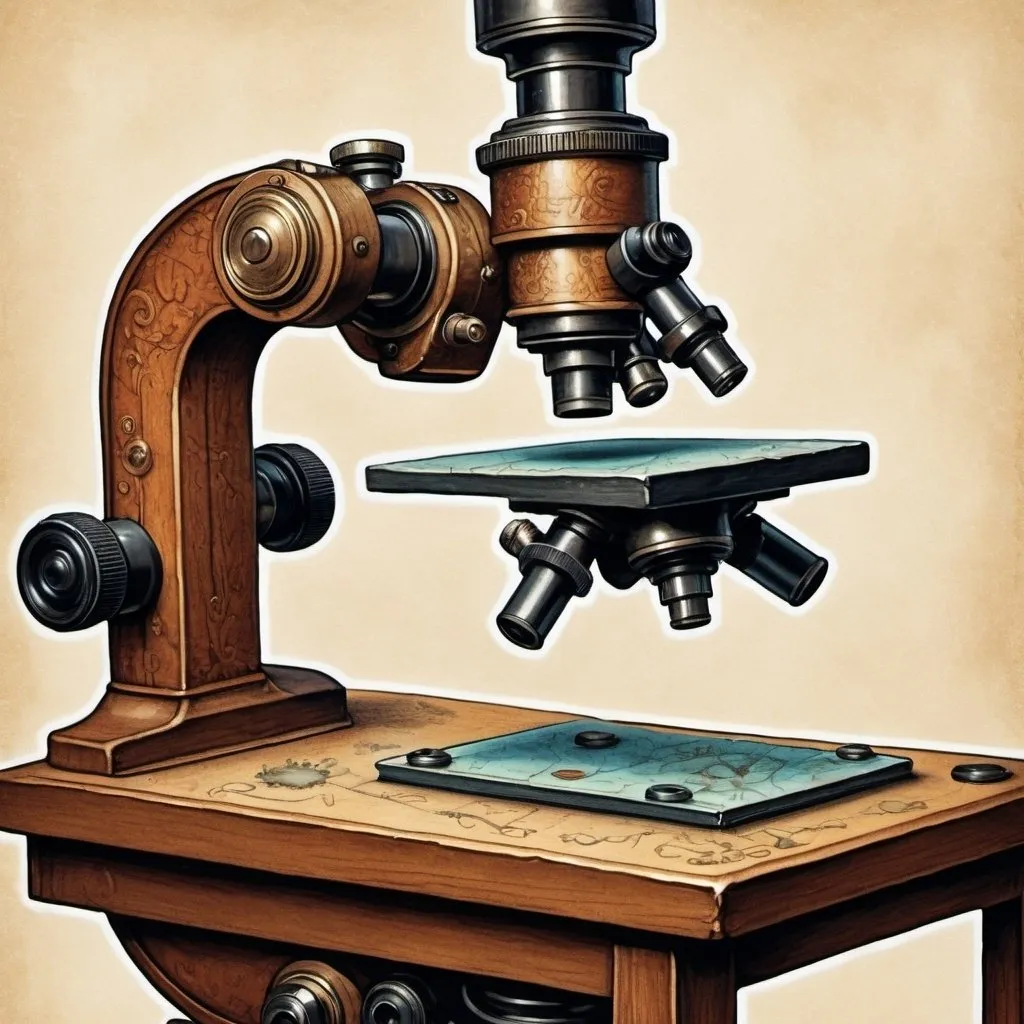 Prompt: Illustration, close-up: A detailed painting of a microscope. Artistic style reminiscent of Leonardo da Vinci’s sketches.