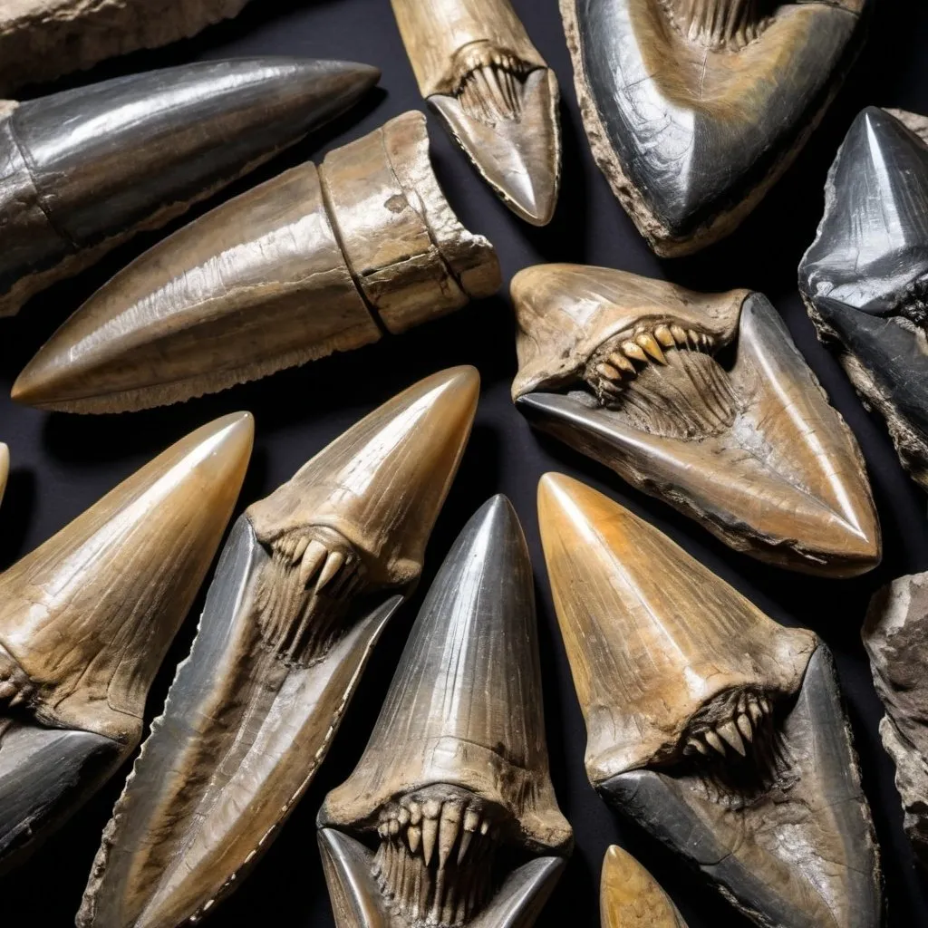 Prompt: Fossilized Megalodon Teeth: A close-up photo of several fossilized megalodon teeth, highlighting their size and serrated edges. Including a common object for scale, like a coin, can emphasize their enormity.