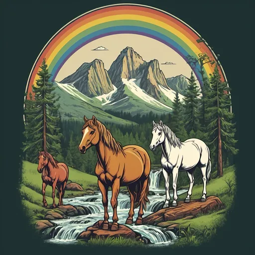 Prompt: create a design to be printed on clothing. 
The company is Wildhorse Forestry. The image should be a beautiful mountainous land scape with waterfalls and rainbows. 
Treeplanters are riding wildhorses while they plant trees. 

In the style of a retro 70's t-shirt
