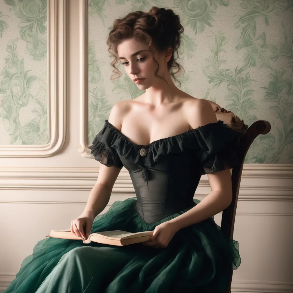 Prompt: Photo-realistic illustration of young adult female sitting in dining chair. She sits sideways on chair with her side leaning against the chair back. Her head is tilted forward, elbow resting on chair, her other hand holding a book. She is dressed in layers and ruffles of soft green chiffon, floor length gown, ruffled short sleeves and neckline. Bare shoulders. Her hair is Gibson Girl style, black and wispy. Moody Victorian portrait and lighting. She sits in a room with fancy wallpaper.