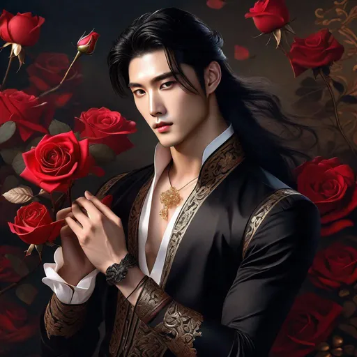 Prompt: Detailed photo-realistic image, 3/4 body shot of beautiful Korean male, beautiful hands, detailed exquisite hands, perfect hands holding rose, captivating dark eyes, porcelain skin, elegant posture, intricate floral background, digital painting, surreal elements, atmospheric lighting, high-quality details, long black hair, red corset, trousers, barefoot, gold jewelry, wind-blown hair, hazy light.