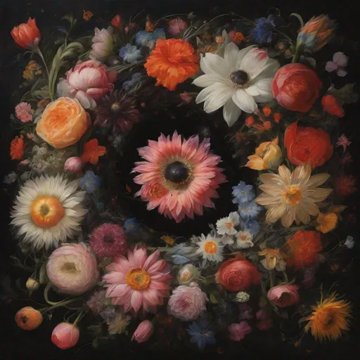 Prompt: A black hole made out of realistic flowers of all different types, spiraling gently towards the center, painted in the Dutch style