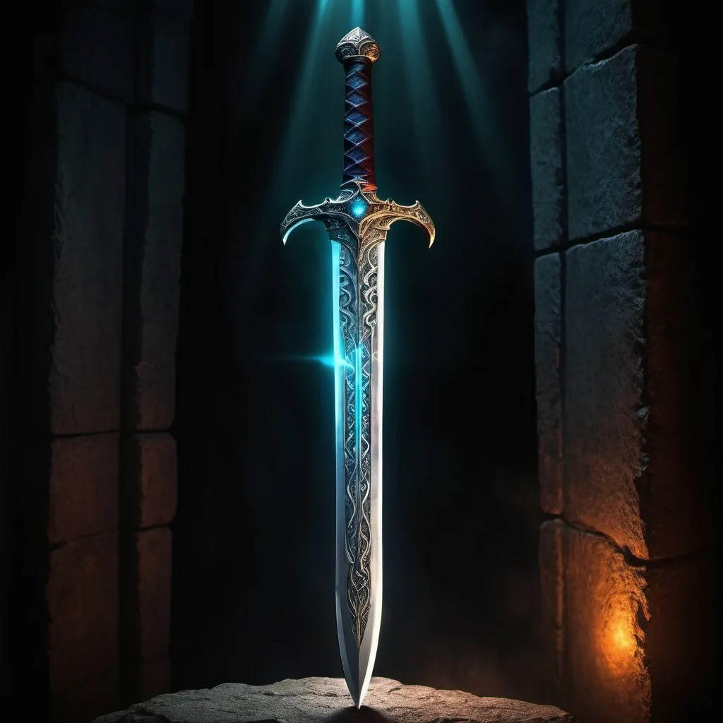 Prompt: Sword of judgement, glowing magical blade, intricate engravings, dramatic lighting, high quality, fantasy, epic, medieval, intense colors, atmospheric lighting