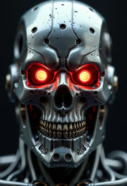 Prompt: The photograph in question is a stunning, high-detail image of the endoskeleton of a terminator cybernetic machine soldier. The composition of the photograph is expertly executed, with the viewer's focus immediately drawn to the intricate details of the machine's face. The use of close-up framing allows the audience to see every nut, bolt, and weld in sharp relief, creating a sense of awe and wonder at the complexity of the technology on display. The lighting in the photograph is exceptional, casting deep shadows and bright highlights across the contours of the terminator's skull and mechanical eyes. The backlighting is particularly noteworthy, as it creates a halo effect around the edges of the machine's face, adding an otherworldly quality to the image. This lighting technique also serves to highlight the texture and sheen of the titanium skull, which appears almost organic in its detail.