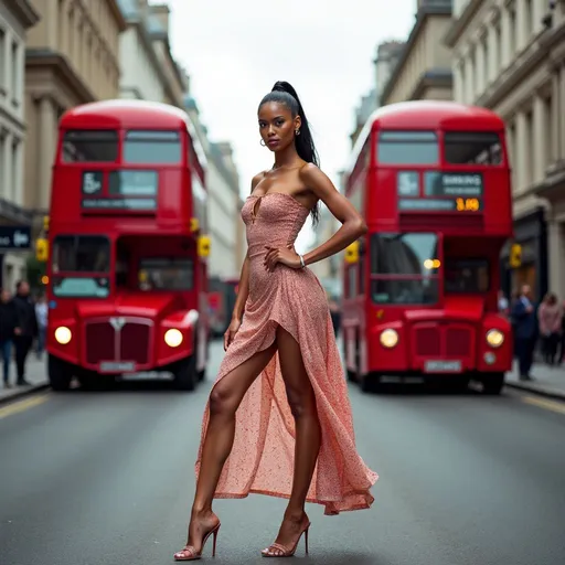 Prompt: Photo of a high-fashion model lalisa tisson wearing a summer dress and high heels, fierce expression, standing on a London street and the iconic red double-decker buses in the background provide a vibrant, cinematic backdrop.  High-resolution camera with Canon EOS R3 and RF 85mm f/1.2 lens captures