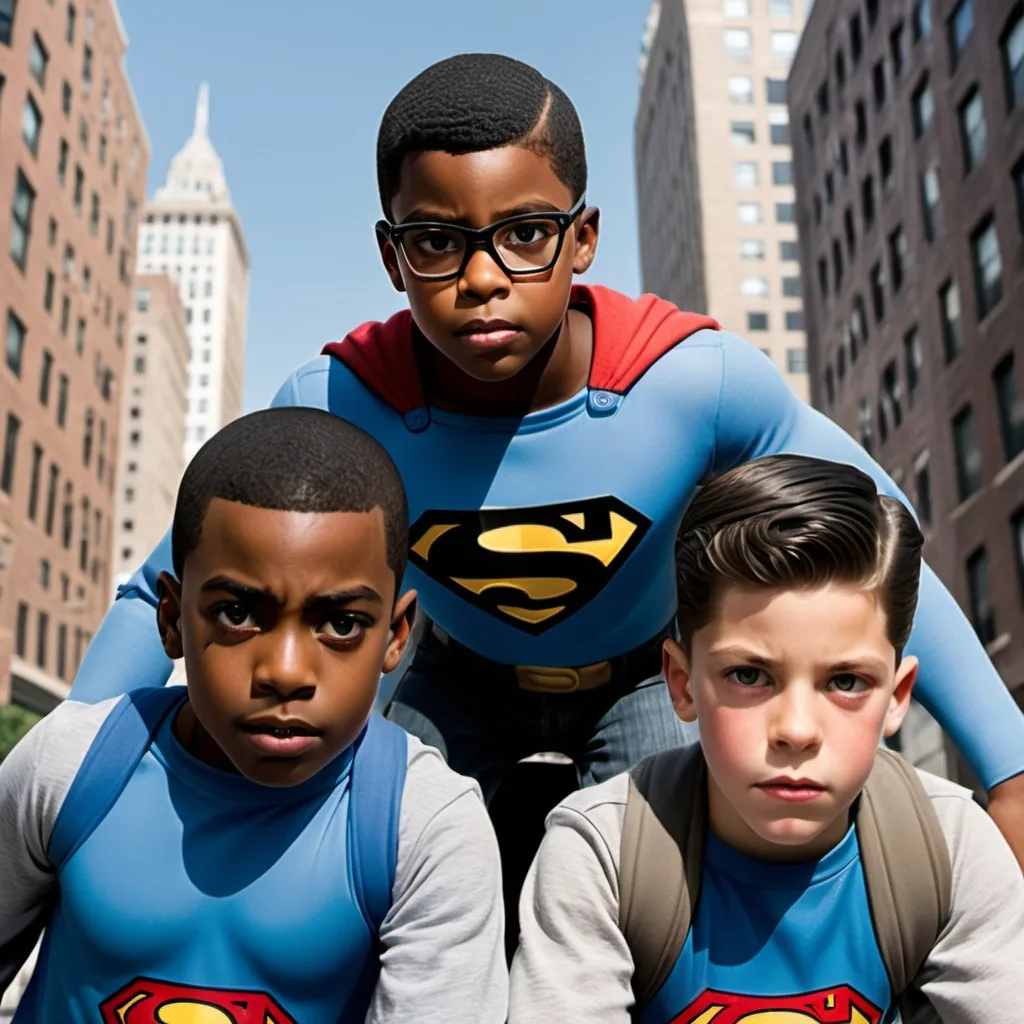 Prompt: Two black boys flying over a city boy no.1 has clark kent hair cut but black and boy no.2 has buzz cut black hair