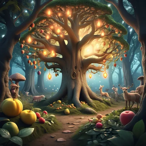 Prompt: A magical forest scene at dawn, with the Magic Tree in the center, full of glowing fruits that emit a soft light, attracting various animals around.