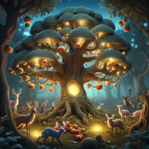 Prompt: A magical forest scene at dawn, with the Magic Tree in the center, full of glowing fruits that emit a soft light, attracting various animals around.