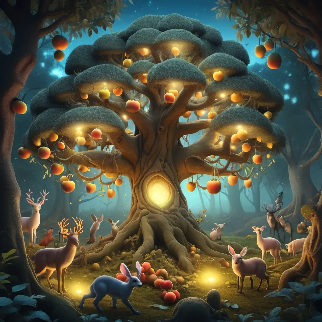 Prompt: A magical forest scene at dawn, with the Magic Tree in the center, full of glowing fruits that emit a soft light, attracting various animals around.