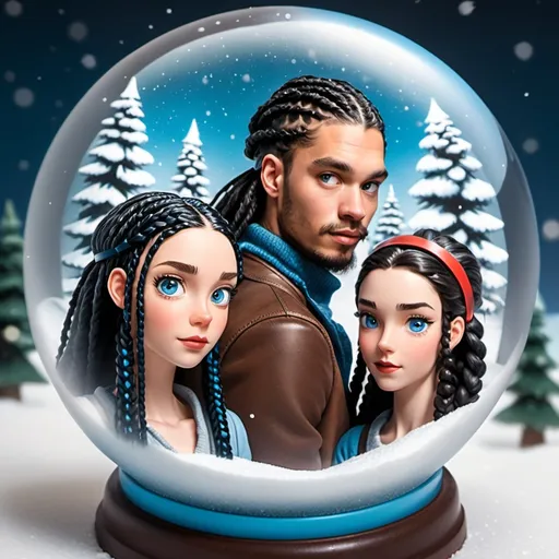 Prompt: The background is Winter. In the foreground there are two people. one guy with long black braids and a leather headband. And a woman with brown curls and blue eyes. The Titel is „Snow globe“