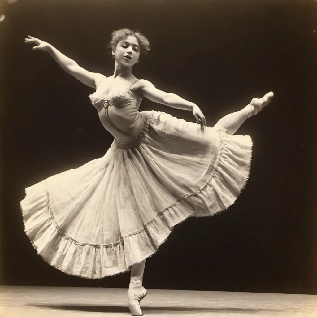 Prompt: a female dancer, 1900, black & white, on stage in a small théâtre in Paris