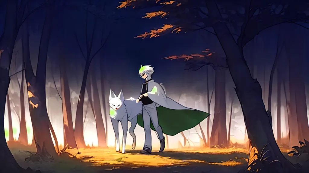 Prompt: an anime boy with grayish hair and green eyes walking with a white fox in a forest during dawn