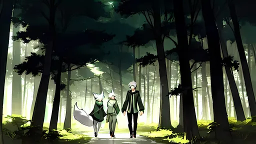 Prompt: an anime boy with grayish hair and green eyes walking with a white fox in a forest during dawn