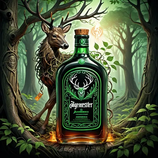 Prompt: (2D) illustration of a Jägermeister bottle, set in an (enchanted forest), elevated by gnarled tree roots, with a (glowing green and golden aura), surrounded by (twisting vines), branches of (cinnamon), and ethereal (floating cardamom flowers), iconic (Jägermeister deer) perched in the background, (magical ambiance), vibrant colors, (ultra-detailed), deep shadows creating depth, mystical light filtering through foliage.