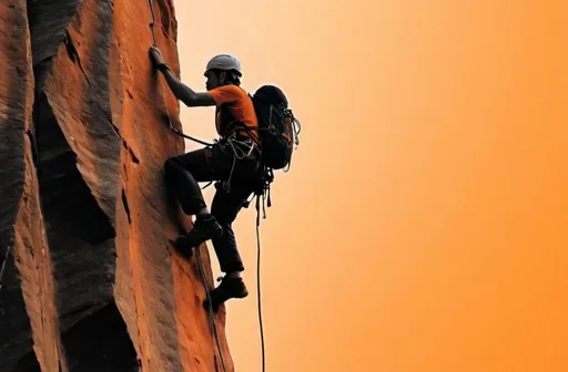 Prompt: Create an image with a climber climbing 90 degree mountain with orange background keeping 75% space empty to write a poem on it