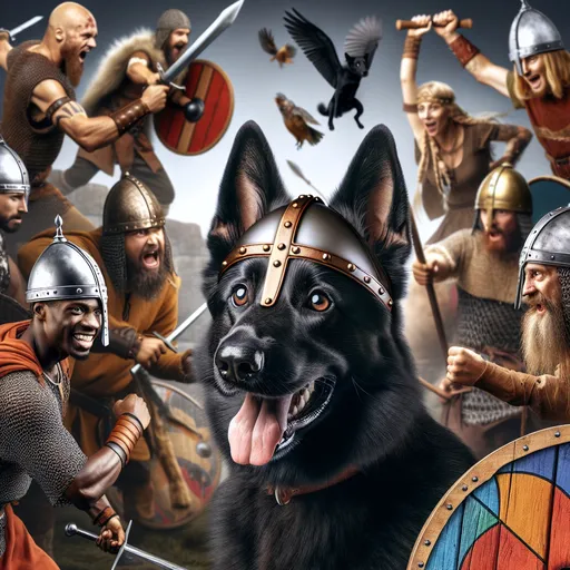 Prompt: photorealistic image of a happy and entirely black German shepherd with dark brown eyes in a Viking hat taking part in a Viking battle in the background 