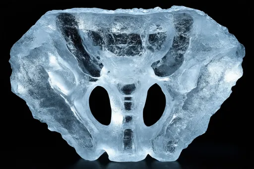 Prompt: A piece of ice shaped like a female pelvis, with intricate contours that replicate the anatomical structure. The ice appears transparent, with frosty textures along certain edges and fine cracks throughout, giving it a natural, crystalline appearance. Light reflects off the surface, highlighting its curves and creating a shimmering, delicate effect. The background is simple and dark to emphasize the ice sculpture's form and details.