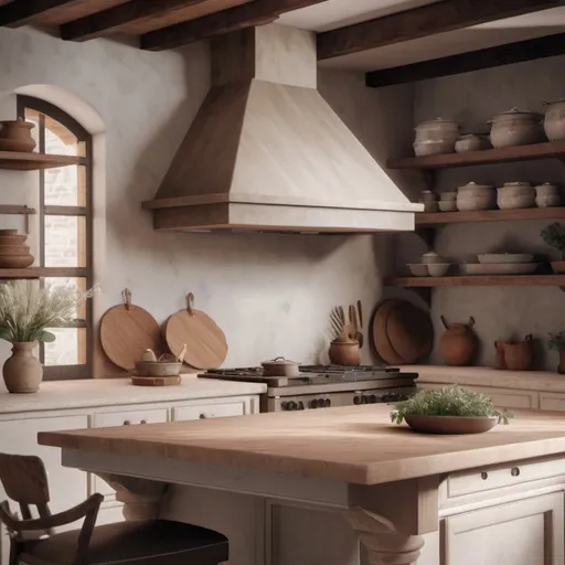 Prompt: a Tuscan Kitchen with an open counter for product mockups in the center