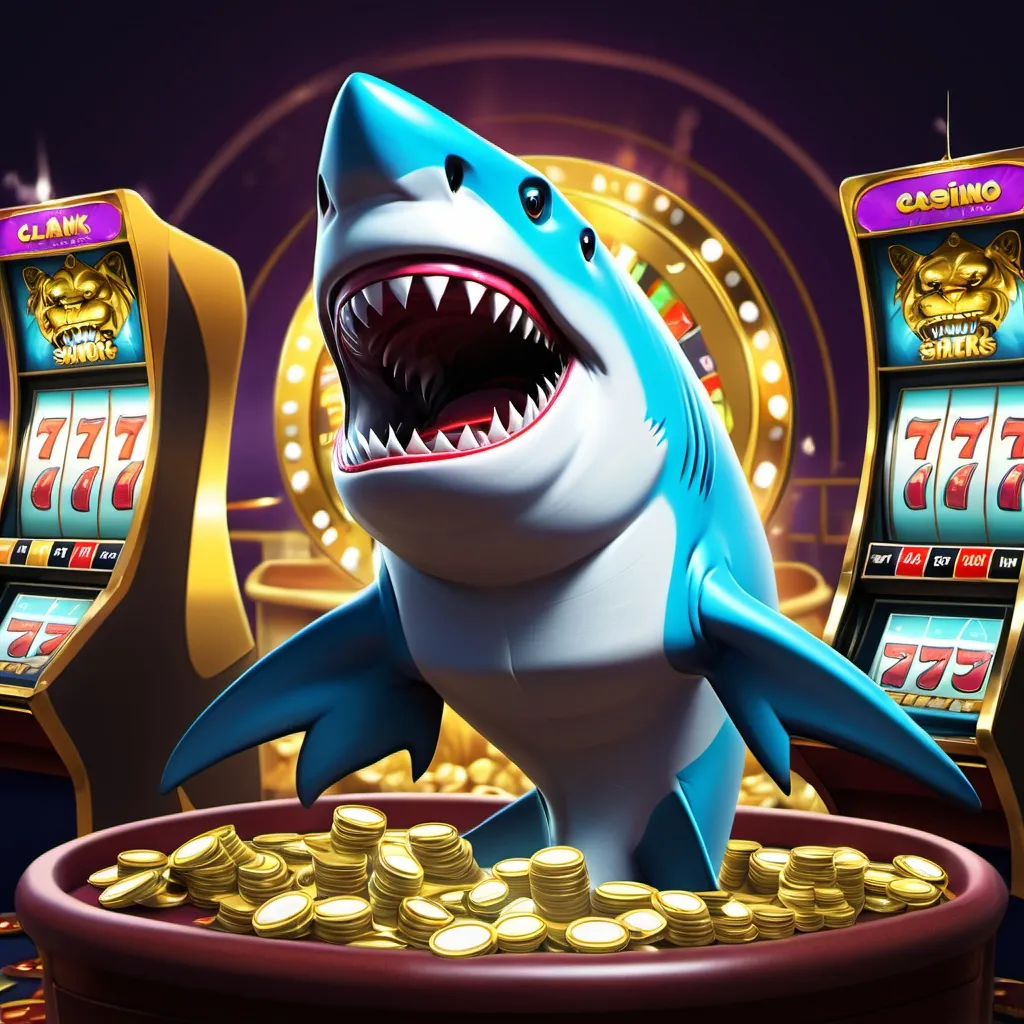 Prompt: A shark that plays in casinos (slots). On the slots machine should be written Razor Shark. The shark must have a lot of gold or money, show a big score