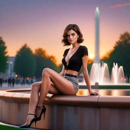 Prompt: A beautiful cartoon businesswoman is sitting on the edge of a spectacular fountain in a city park at sunset. She has short brunette hair and very fair skin. She is wearing work attire including a short-sleeve black blouse, light gray skirt with a black belt, black high heels. She is looking at the camera with expressive eyes. The image captures a poignant moment in the city park. It is a stunning high-resolution full body image of the beautiful cartoon businesswoman.