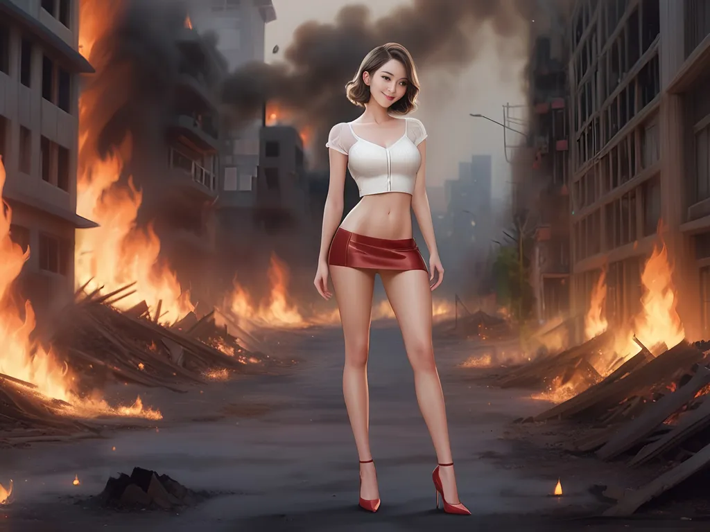 Prompt: (cute girl), (cropped blouse, low-waist short miniskirt, stiletto pumps), (short wavy hair, porcelain skin), standing, ground level, fire ravaged large urban area, mysterious smile, ultra-detailed, realistic cartoon, HD