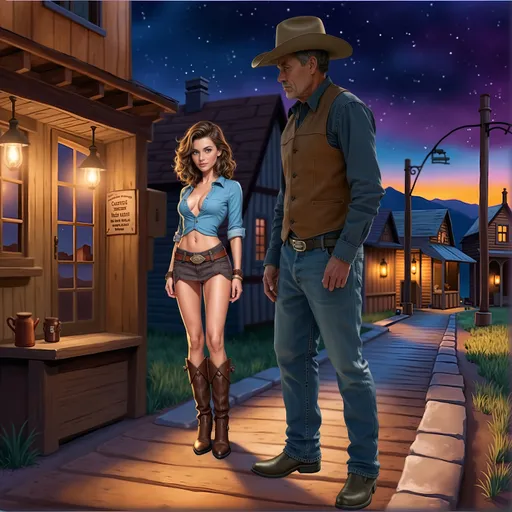 Prompt: Under a starry evening sky painted with shades of purple and blue, a Western street scene comes alive with vintage charm. A striking contrast is created by the presence of two characters: one is a rugged older man dressed in jeans and a brown vest, exuding an air of authority, while the other is a vividly animated young girl in a stylishly casual outfit featuring a tied-up shirt and short mini skirt, complemented by brown boots. The warm glow of hanging lanterns reflects off the wooden structures around them, contributing to the inviting yet mysterious atmosphere of the deserted town. This composition, blending realism with animation, captures a narrative teeming with intrigue, hinting at a story of adventure and interaction in a classic Western setting.