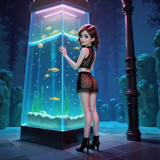 Prompt: A very cute cartoon girl is standing in a glamorous sea world at night, gently leaning against a giant aquarium. She has brunette hair, very fair skin, very thin build, face makeup. She is wearing a sleeveless top, skirt, ankle boots. She is looking at the camera with an excited expression.
