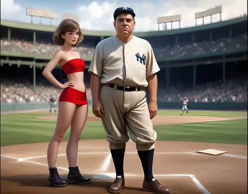 Prompt: picture of (cute modern girl with long tousled hair wearing a narrow bandeau top, very short miniskirt, platform boots) standing next to (Babe Ruth wearing a baseball uniform), baseball field, authentic, ultra-detailed, realistic cartoon, HD