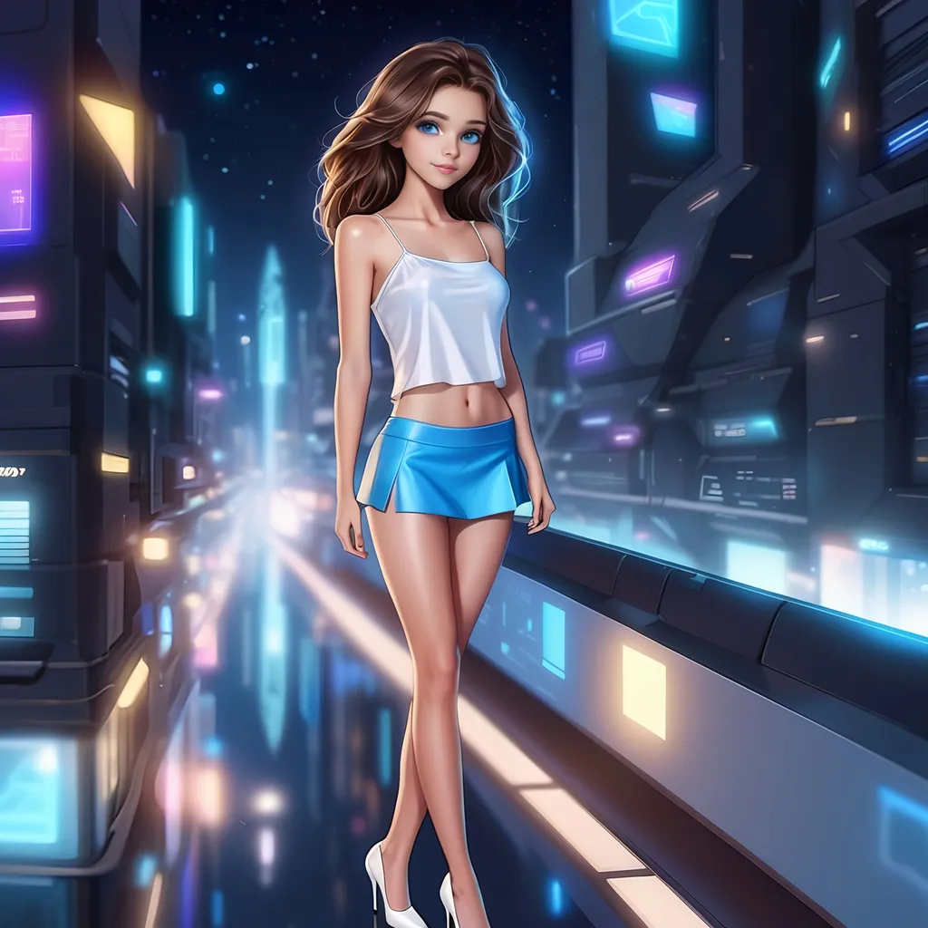 Prompt: A beautiful cartoon woman is standing in a futuristic businesses district at night. She is wearing a loose-fitting white top, blue skirt, and white high heels. She has long brunette hair, very fair skin, beautiful face and eyes. She is looking at the camera. The image depicts a cartoon setting in the big futuristic city.