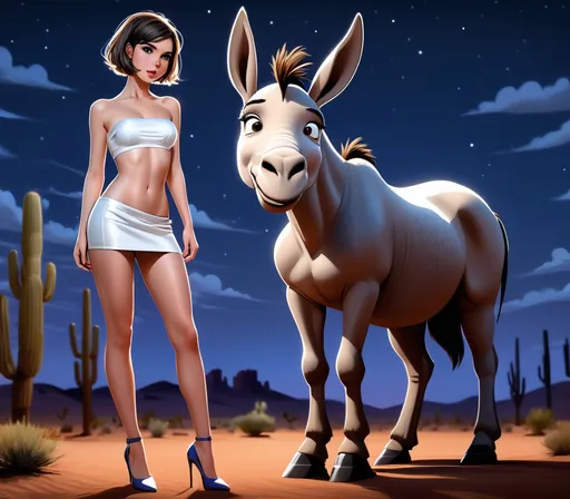 Prompt: (very pretty girl, petite, gaunt frail frame), (narrow strapless bandeau top and matching low-rise very short miniskirt, stiletto pumps), (short hair, porcelain skin), standing next to a giant donkey, curious expression, desert setting, summertime, nighttime, ultra-detailed, realistic cartoon, HD