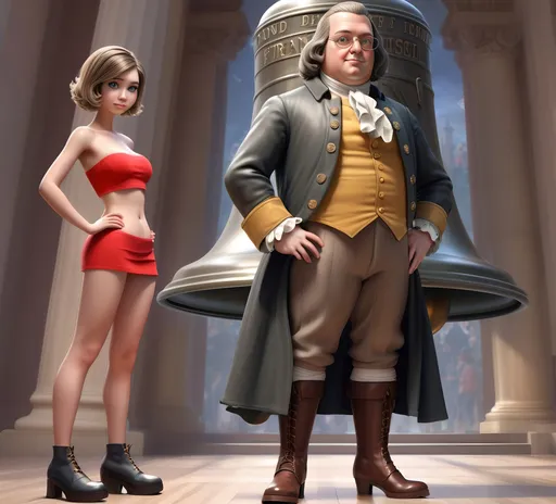 Prompt: (cute modern girl with a curious expression and short wavy hair), (strapless tube top, low-waist very short miniskirt, platform boots), standing next to (colonial era male Benjamin Franklin), Liberty Bell, ultra-detailed, realistic cartoon, HD