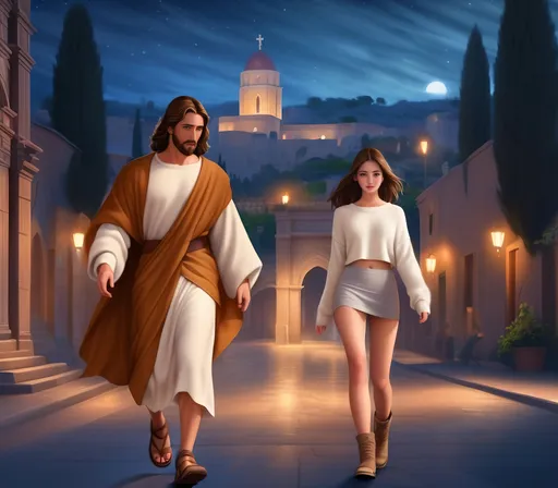 Prompt: (Jesus Christ wearing a robe and sandals) confidently walking next to a (beautiful brown-hair girl wearing a crop top tight white sweater, low-waist very short miniskirt, platform boots), Via Dolorosa, nighttime, ultra-detailed, photorealistic, HD, staring at the camera