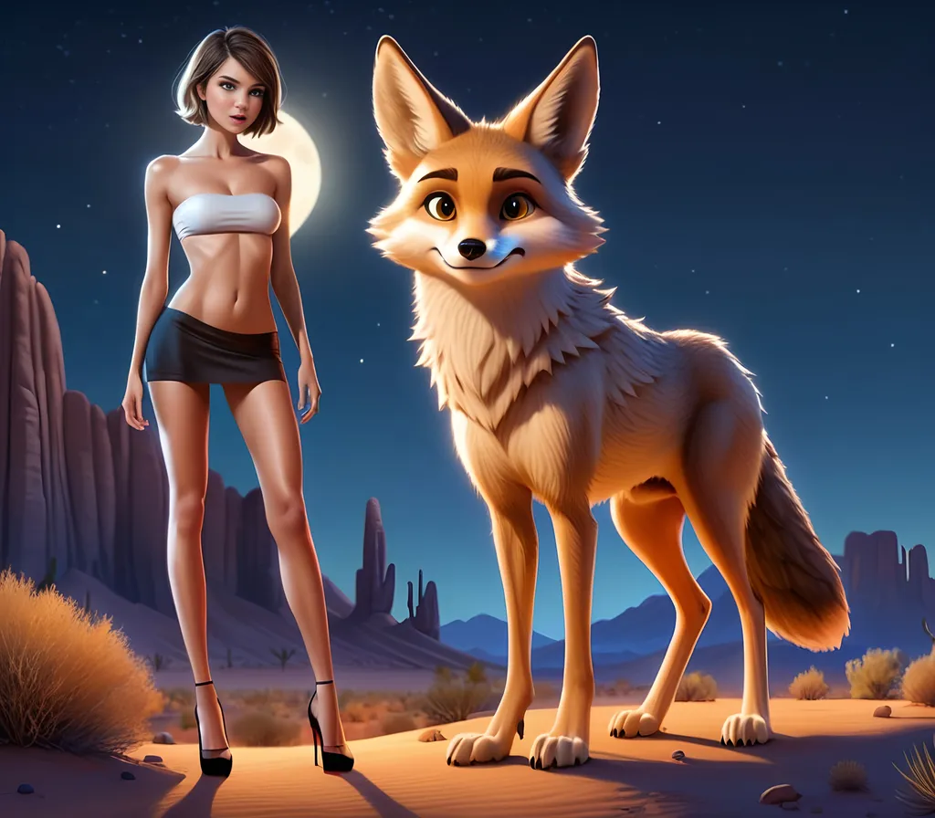 Prompt: (cute girl, short hair, curious expression, narrow strapless bandeau top, short miniskirt, stiletto pumps) standing next to (giant realistic coyote), desert setting, nighttime, ultra-detailed, realistic cartoon, HD