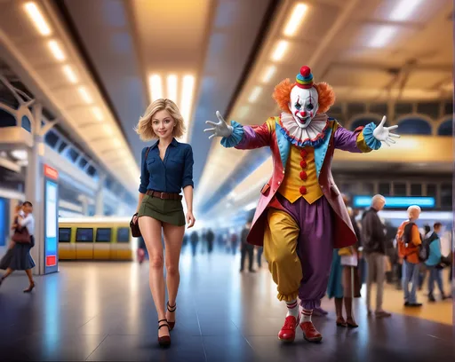 Prompt: (beautiful Caucasian bussines girl, petite, gaunt frame), (low-cut blouse, very short miniskirt with belt, high heels, purse), (blonde hair styled in jagged layers, porcelain skin) casually walking in a busy train station next to a (fully dressed male clown), nighttime, surreal moment at the end of a long workday, photorealistic, realism, HD