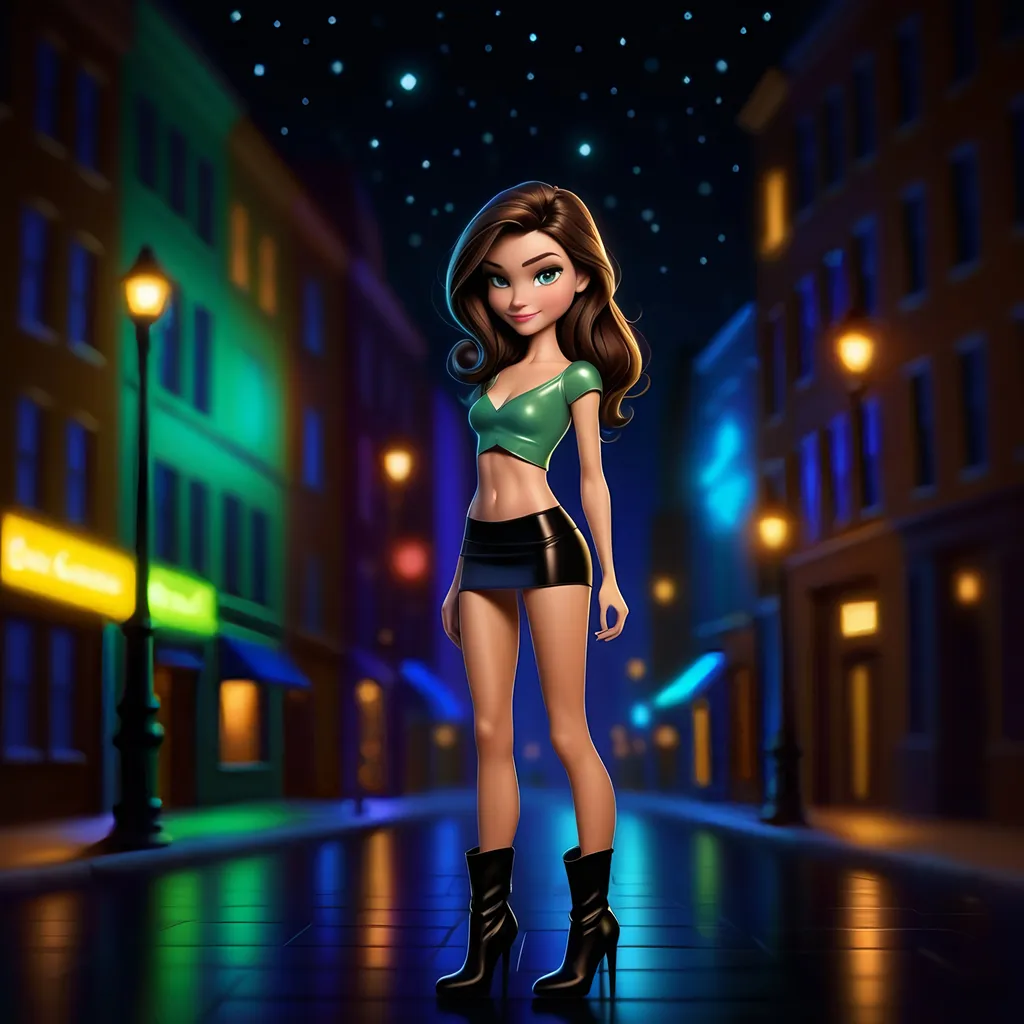 Prompt: A very cute cartoon woman is standing in a downtown setting at night. She has sleek brunette hair, very fair skin. She is wearing a light colored top, black skirt, small black ankle boots. The image depicts a high-resolution nighttime cartoon city setting. The woman is looking at the camera with small expressive eyes and a slight smile. Her white eyes have hazel irises. She is immersed in the big city atmosphere.