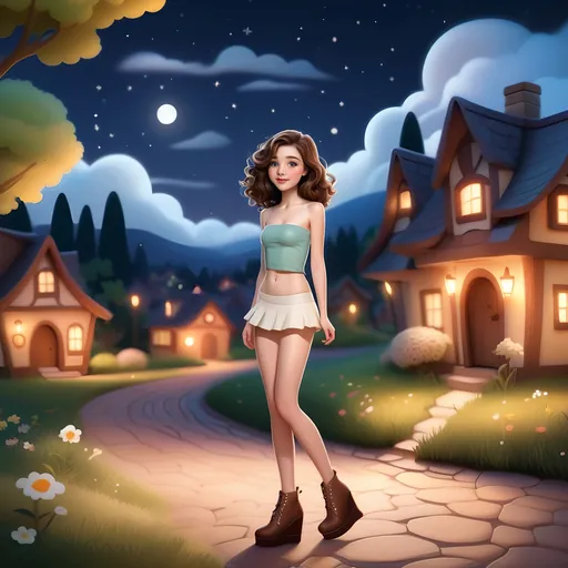 Prompt: (cute cartoon girl, pencil thin), (tube top, super skirt, wedge-heeled ankle boots), (wavy brunette hair, very pale skin, expressive eyes, heavy facial makeup), standing, enchanted village setting, summertime, nighttime, beautiful sky, ultra-detailed, art deco cartoon style, HD