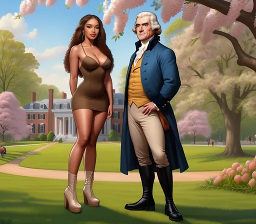 Prompt: Thomas Jefferson standing next to his (beautiful mulatto girlfriend in a minidress and platform boots), Mount Vernon, springtime, ultra-detailed, realistic cartoon, HD