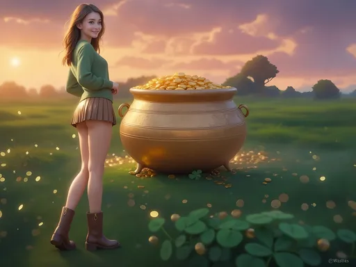 Prompt: (very cute thin Caucasian girl with long straight hair and wearing a sweater and very short pleated miniskirt and boots) standing in front of a giant pot of gold, looking at the camera, slight smile, 4-leaf clovers covering the ground, dusk, ultra-detailed, realistic cartoon, HD