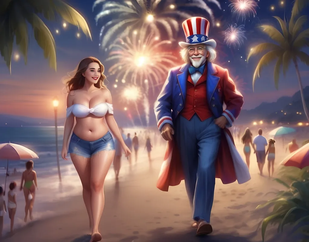 Prompt: (cute proud female), (white bandeau top, short distressed denim shorts, barefoot) walking alongside (fully-dressed patriotic thin elderly Uncle Sam), confidence, beach setting with fireworks in the distance, nighttime, ultra-detailed, realistic cartoon, HD