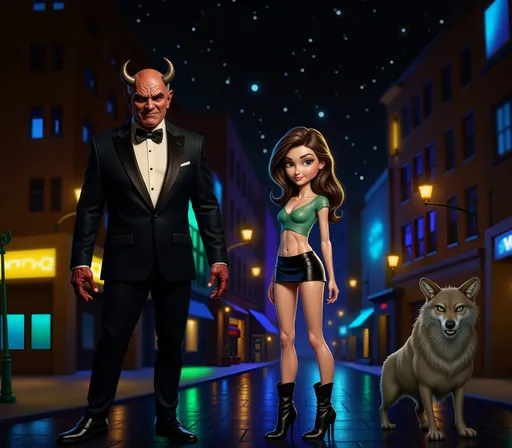 Prompt: In a vibrant urban setting illuminated by artificial lights, a striking scene unfolds at night with a touch of fantastical flair. To the left stands a muscular man with red skin, horns jutting from his head, and dressed in a sharp tuxedo, his menacing yet charismatic presence contrasted by his dramatically clawed hands. Next to him is a charismatic animated woman, exuding confidence in a fitted green top and a black mini skirt, her playful expression capturing the viewer's attention. To their side, a realistically rendered wolf adds an element of wild intrigue, with its intense gaze complementing the unique pairing of characters. The dark, starry sky above and the lined streets below create an atmosphere that's both thrilling and mysterious, inviting questions about the narrative behind this eclectic trio.