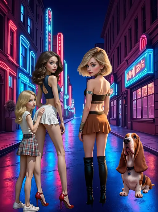 Prompt: In an urban setting late at night with vibrant neon lights, 2 beautiful Caucasian girls in the middle of the image are dressed in night club style outfits, preparing for a night on the town. One of the girls is also wearing magnificent bracelets and armlets. Meanwhile, on the far left of the image, a young girl (obviously a younger sister) is trying to tag along and playfully hugs the dark-haired woman. To complete the ensemble, a basset hound is on the far right of the image and looking at the group with sad eyes.