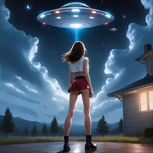 Prompt: (pretty girl), (white blouse, red miniskirt with belt, boots), (hair styled in jagged layers, porcelain skin), standing, looking up toward the sky, standing, outside, flying saucer UFO overhead, nighttime, ultra-detailed, realistic cartoon, HD,