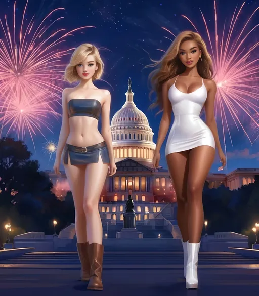 Prompt: 2 cute girls walking confidently, leather, skirts, U.S. Capitol, fireworks, election night, preparing to take their country back, MAGA, ultra-detailed, realistic cartoon, HD