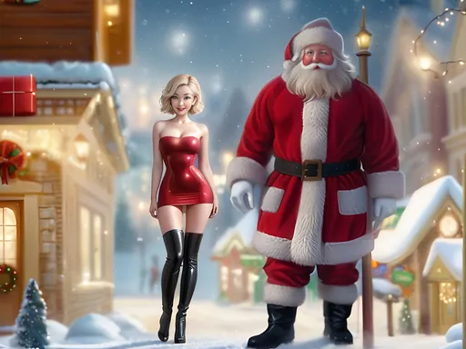 Prompt: (cute girl, slender build), (minidress, boots), (short wavy blonde hair, porcelain skin), standing, outside, next to a (fully dressed Santa Claus), Christmas village, wintertime, nighttime, realistic cartoon, HD, full body image