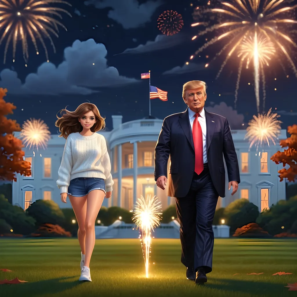 Prompt: (cute girl with wavy brown hair), (sweater, short denim shorts, sneakers) confidently walking next to (handsome Donald Trump in a business suit), White House lawn, nighttime, autumn, fireworks, patriotism, victorious atmosphere, ultra-detailed, realistic cartoon, HD