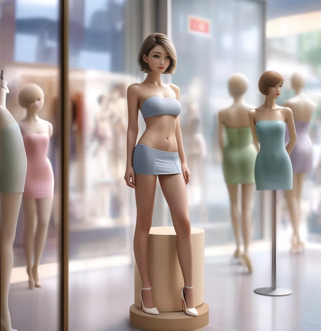 Prompt: (cute trendy girl, very slender frame), (strapless bandeau top, short miniskirt, stiletto pumps), (short hair, porcelain skin), standing on a small box, posing as a live mannequin inside a window display, department store, ultra-detailed, realistic cartoon, HD