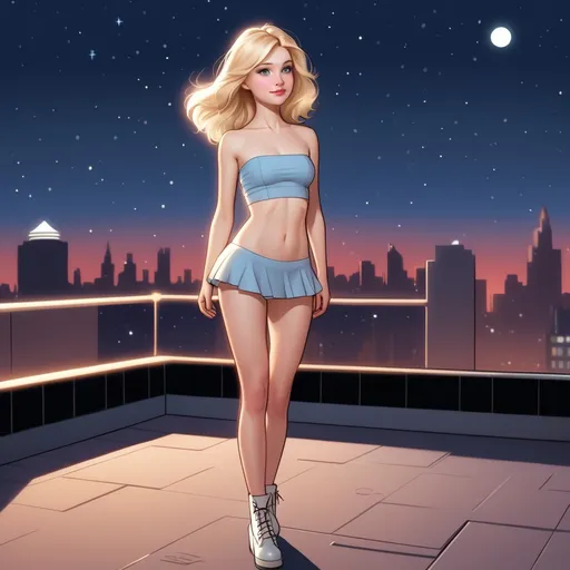 Prompt: (beautiful Caucasian woman), (top, skirt, boots), (wavy blonde hair, very pale skin, expressive eyes, beautiful face), standing, high-rise rooftop setting, curious expression, celestial sky, magical scene, ultra-detailed, realistic cartoon, HD