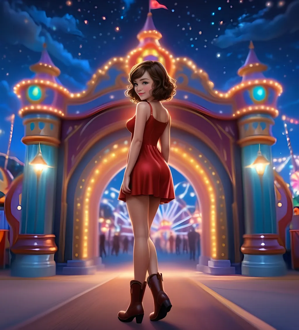 Prompt: (very pretty girl), (short flared minidress, black boots), (short wavy brown hair, porcelain skin), walking, looking at the camera, slight smile, entrance to a magical carnival, nighttime, ultra-detailed, realistic cartoon, HD