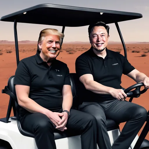 Prompt: Illustration of Donald Trump( in a suit) and Elon Musk(in a black t-shirt) both smiling in a golf cart on Mars