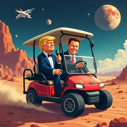 Prompt: (detailed illustration of Donald J Trump and Elon Musk), (golf cart cruising confidently), (space backdrop with vibrant stars), (Mars looming large in the distance), (daring adventure theme), whimsical, humorous vibe, futuristic elements, cool color palette, ultra-detailed, high definition, imaginative setting, dynamic perspectives, incorporating elements of space travel and luxury.